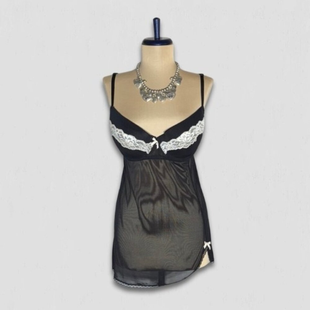 Gilligan O Malley Sheer Babydoll Nightgown Black White Lace Large